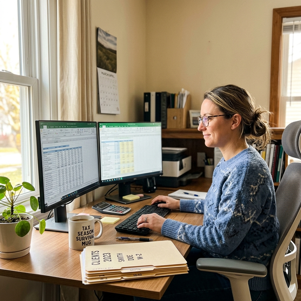 An accountant working at a tidy home office desk during tax season