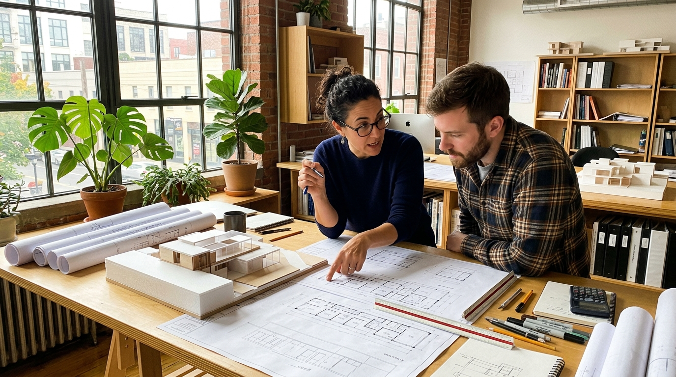 Two architects reviewing blueprints over a drafting table