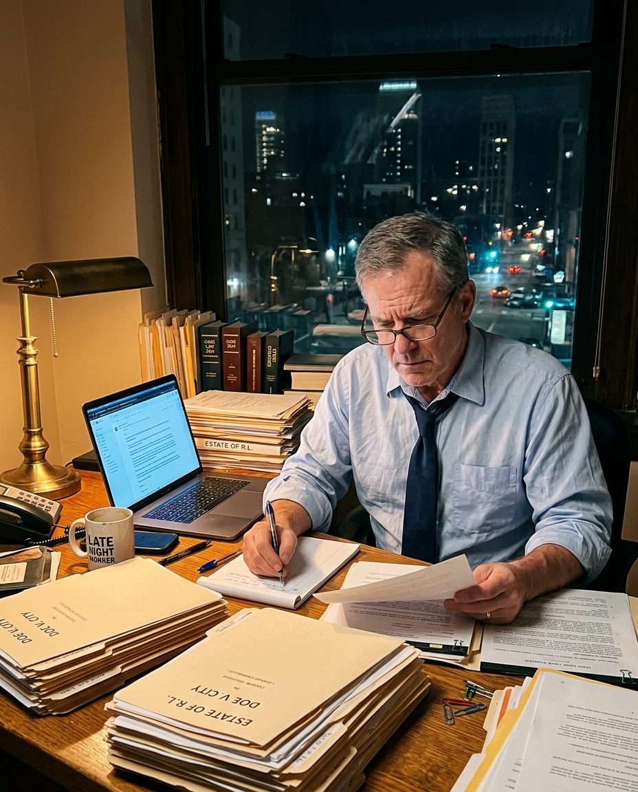 An attorney working late at a desk stacked with case files