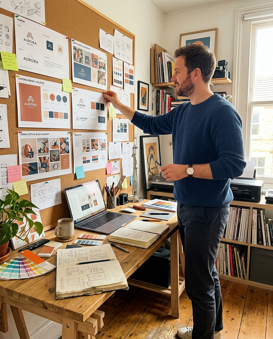 A freelance designer reviewing printed brand boards in a studio